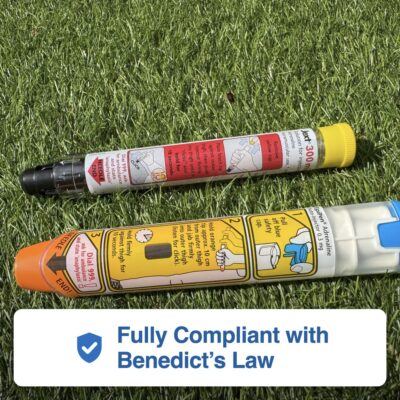 Jext and EpiPen adrenaline auto-injectors with badge: Fully Compliant with Benedict’s Law