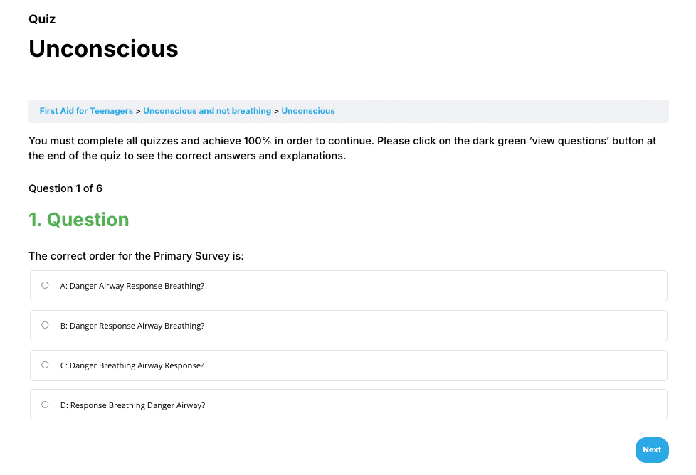 Example of interactive quiz interface with multiple choice questions
