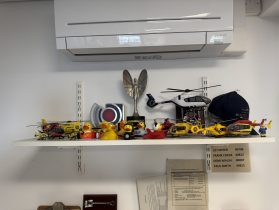 shelf with crew memorabilia