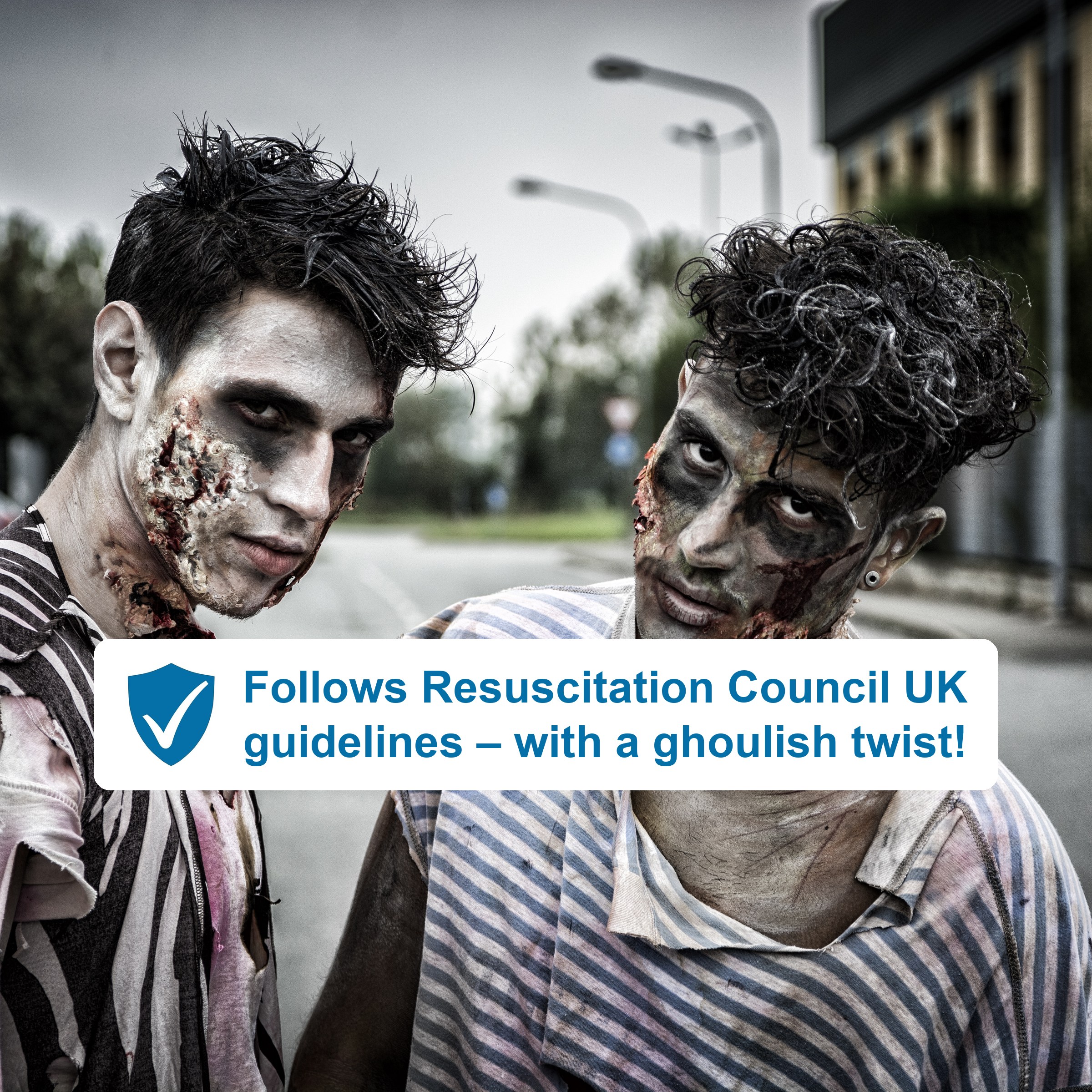 Two zombies with the banner: Follows Resuscitation Council UK guidelines – with a ghoulish twist!