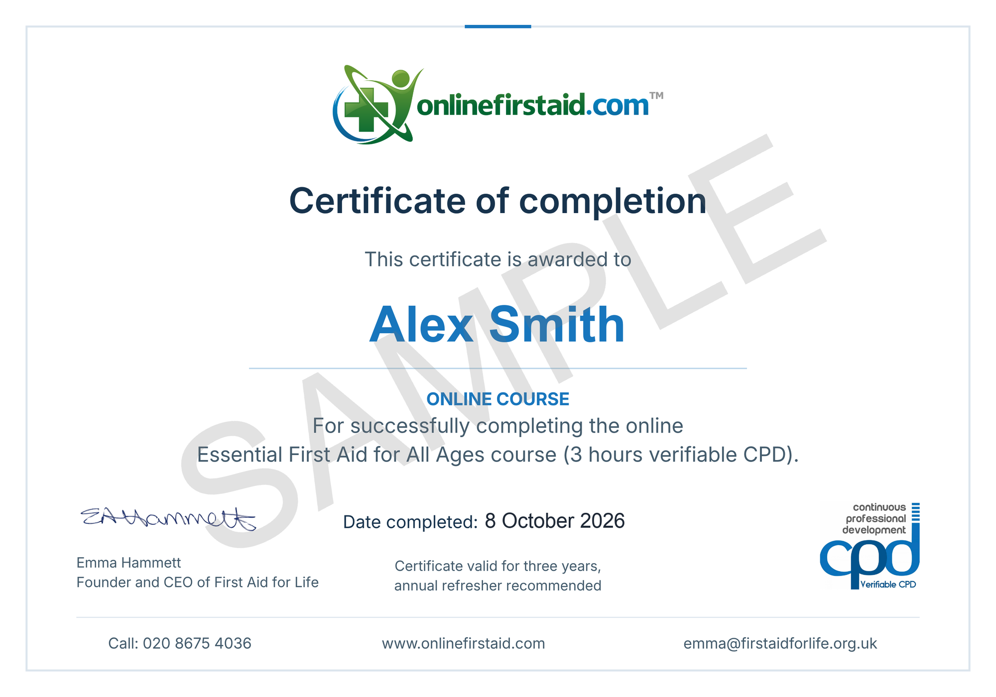 First Aid Certificate Example